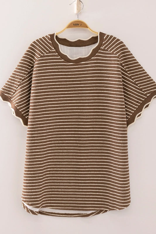 Brown and Cream Scallop Trim Lightweight Sweater