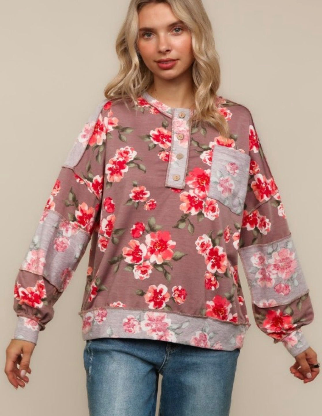 Button Down Long Sleeve Floral Top