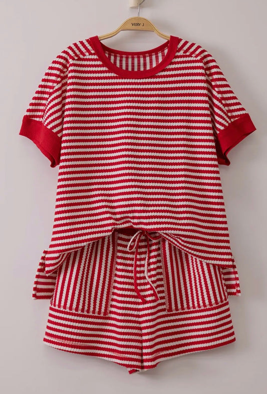 Red Striped Ribbed Matching Set