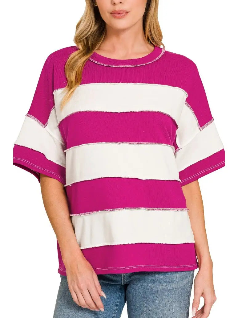 French Terry Striped Exposed Seam Top