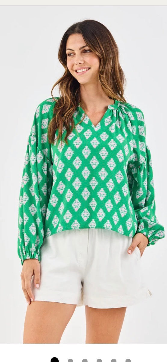 Green And Pink Long Sleeve Floral Detailing Blouse