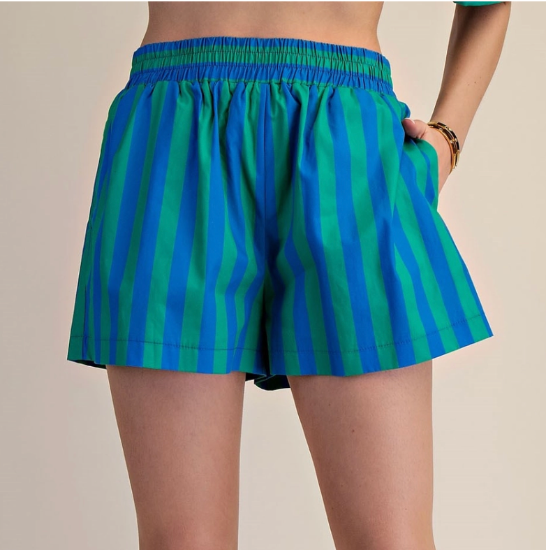 Green And Blue Striped Elastic Shorts