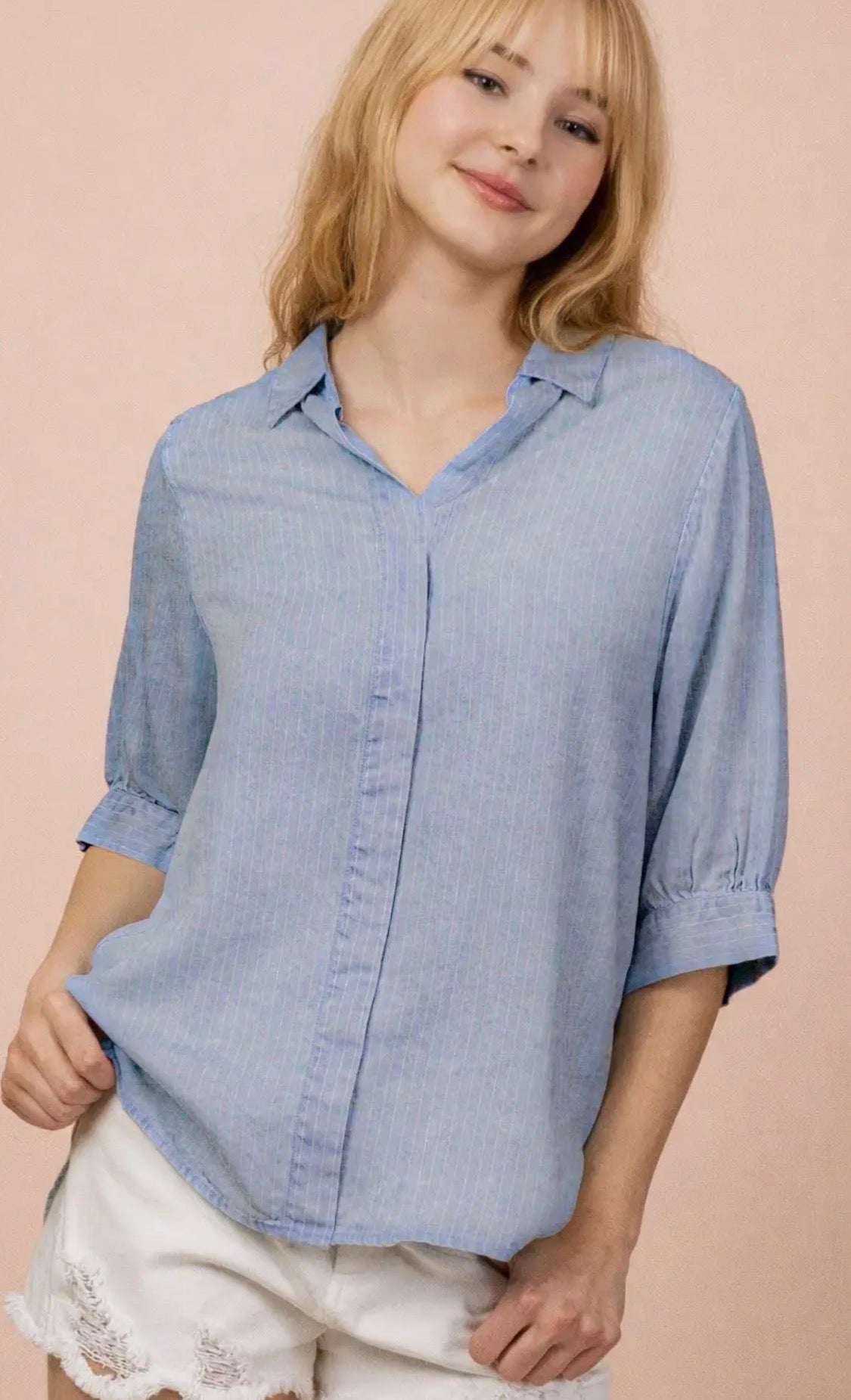 Mineral Washed Striped Denim Half Sleeve Blouse