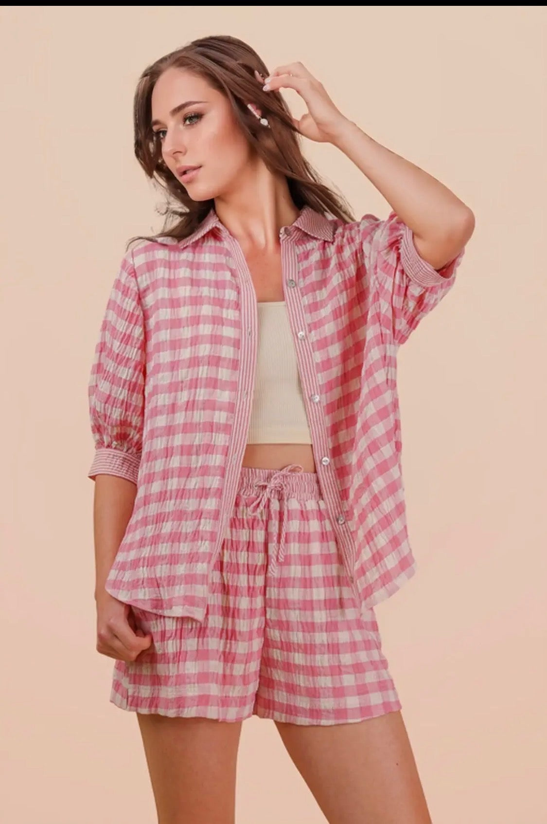 Pink Gingham Matching Short Set