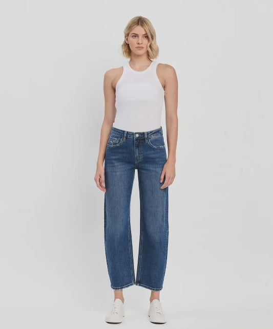 High rise ankle barrel jeans