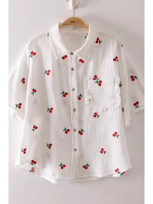 PLUS Size Cherry Embroidery Oversized Shirt Top