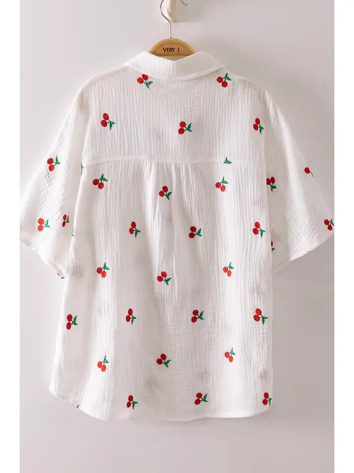 PLUS Size Cherry Embroidery Oversized Shirt Top