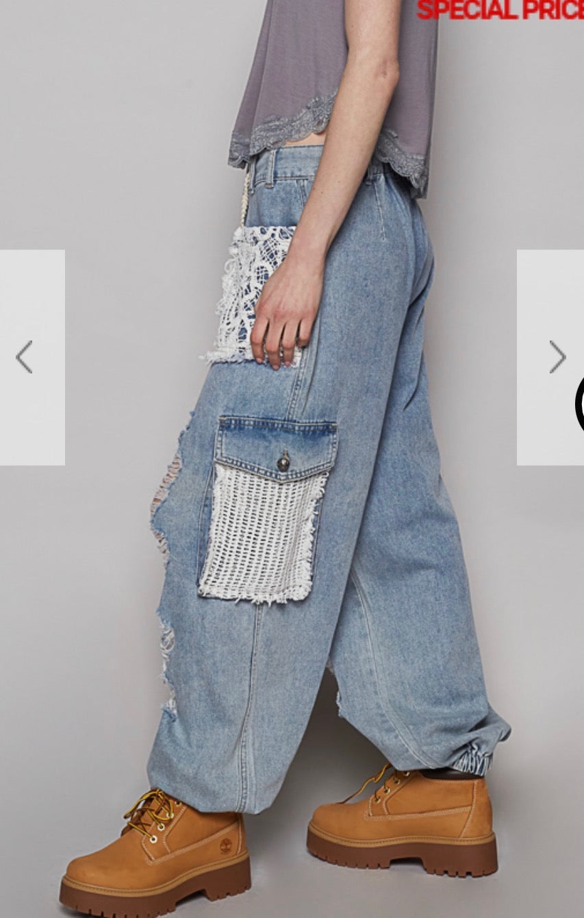 Jogger Pants Distressed With Crochet Patches