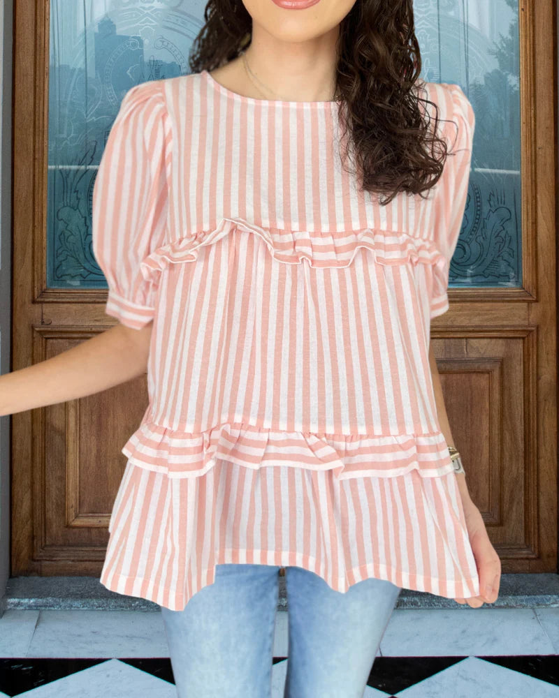 Pink Striped Puff Sleeve Ruffled Top