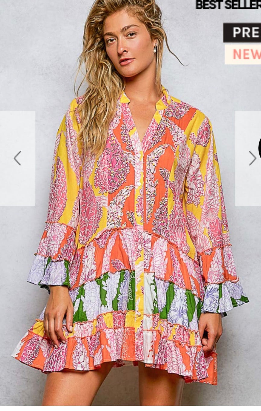 V Neck Long Sleeve Color Mix Tiered Dress