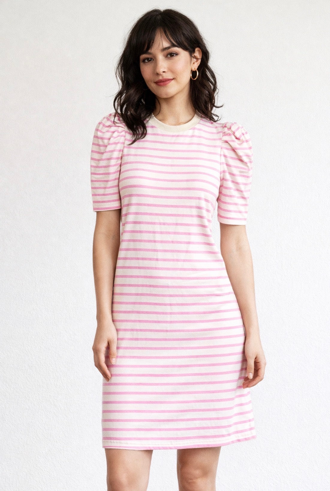 Pink Striped Dress With Puff Sleeve Detailing