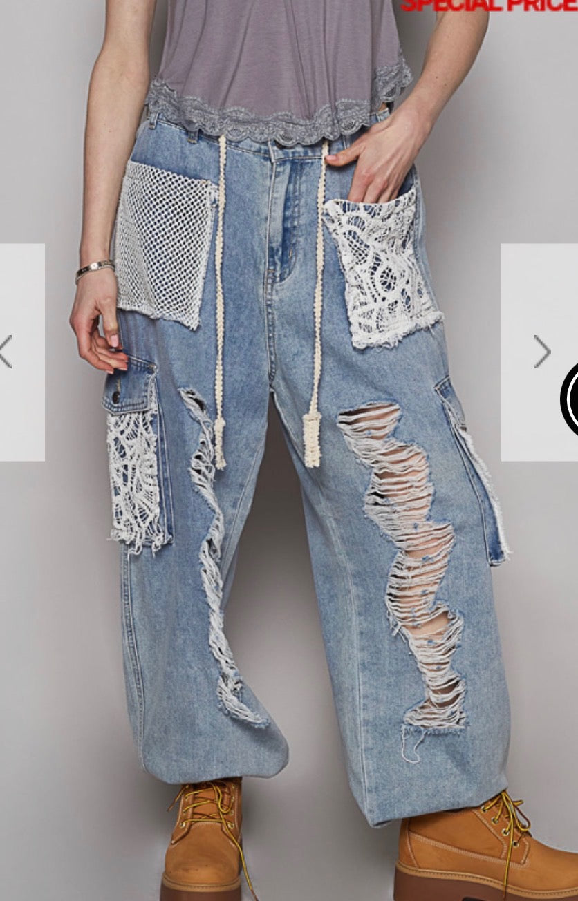 Jogger Pants Distressed With Crochet Patches
