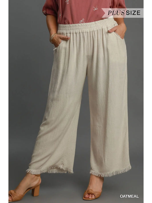 Plus Size Linen Blend Frayed Hem Wide Leg Pants