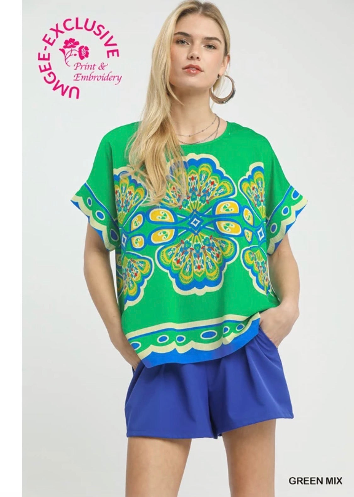 Green Mix Round Neck Cap Sleeve Top