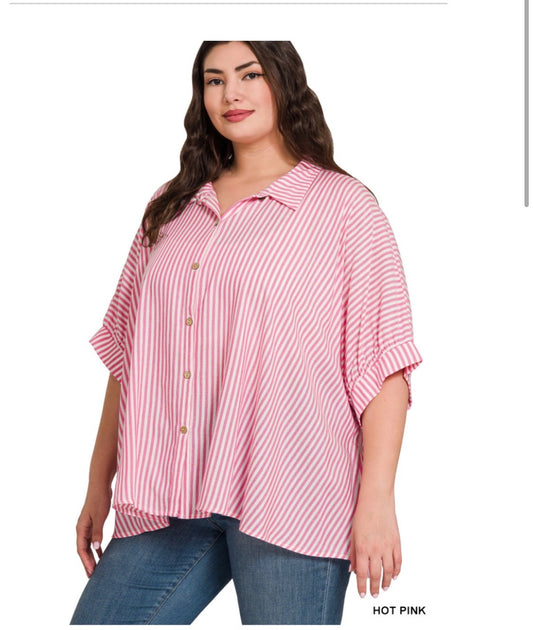 Plus Size Striped Short Sleeve Button Up Top