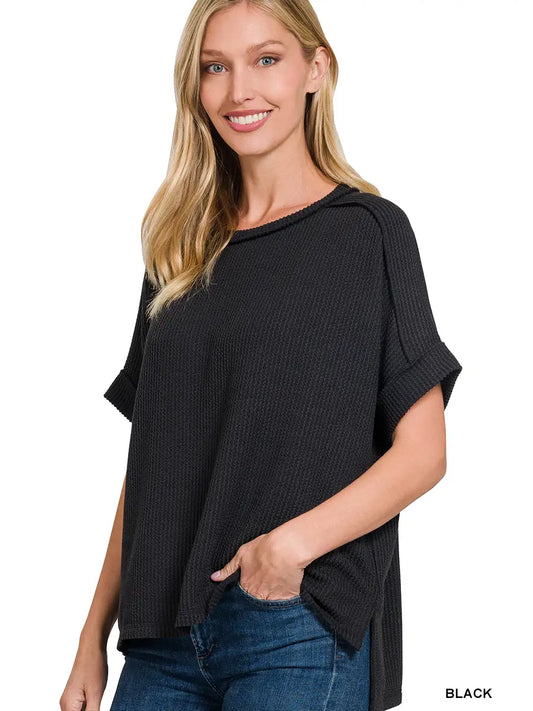 Textured Lined Short Sleeve Ribbed Top