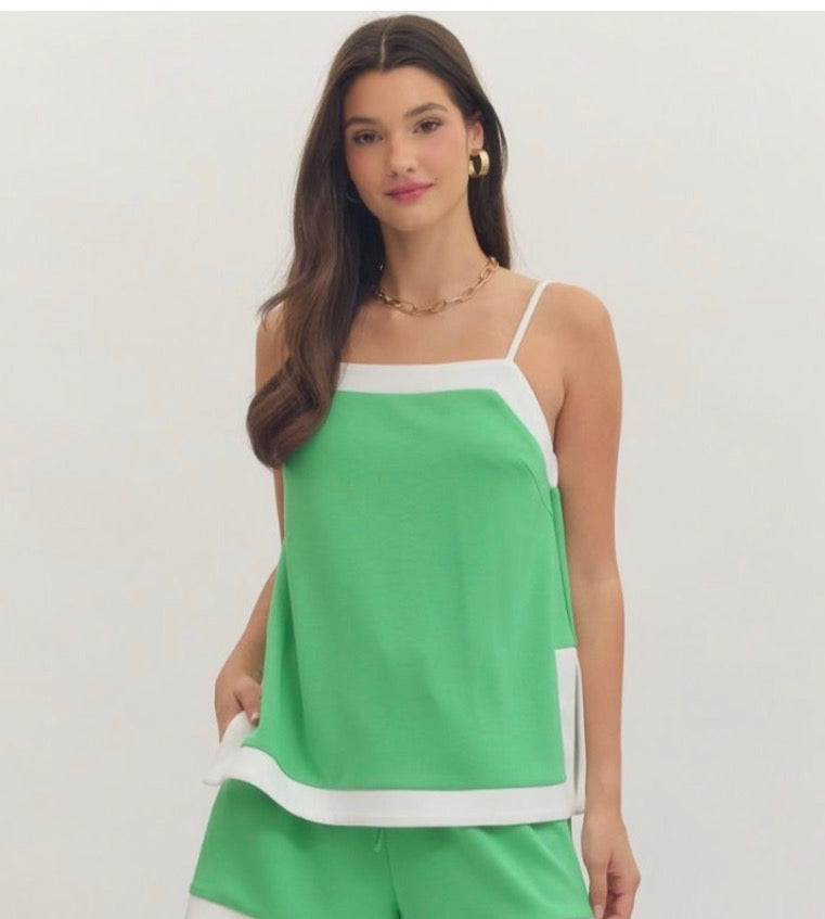 Green Square Neck Sleeveless Top With Side Slit