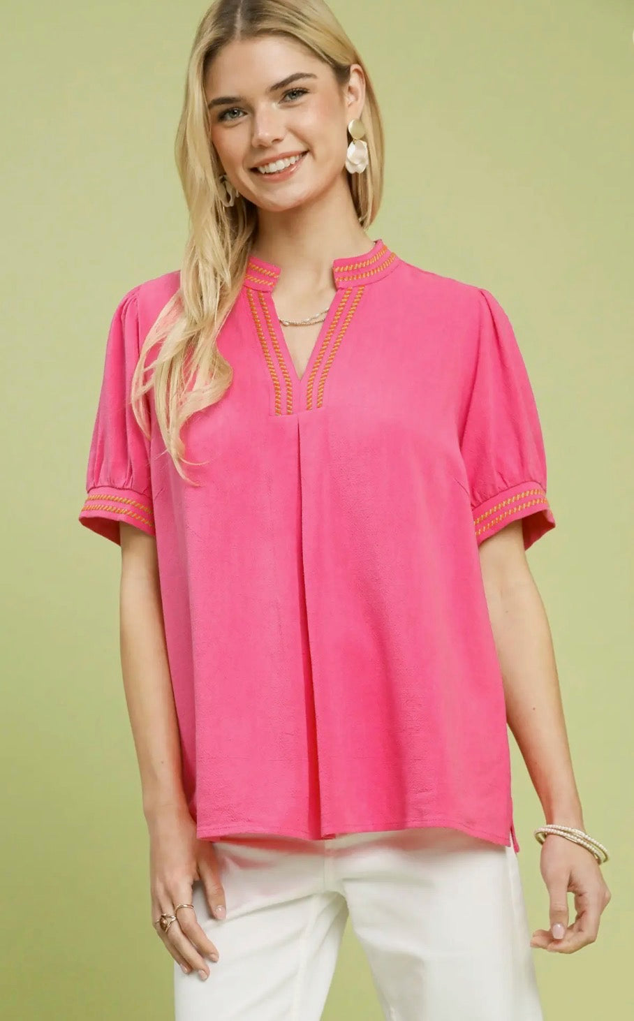 Umgee Embroidery Linen Puff Sleeve Blouse