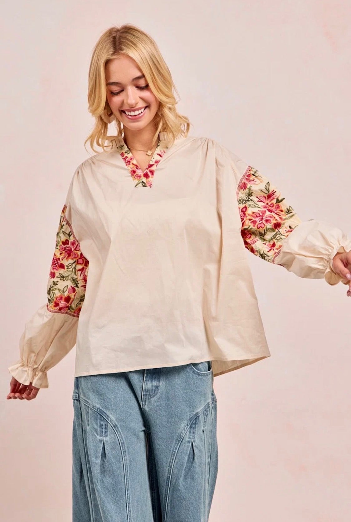 Solid Colored Top w/ Embroidered Sleeves
