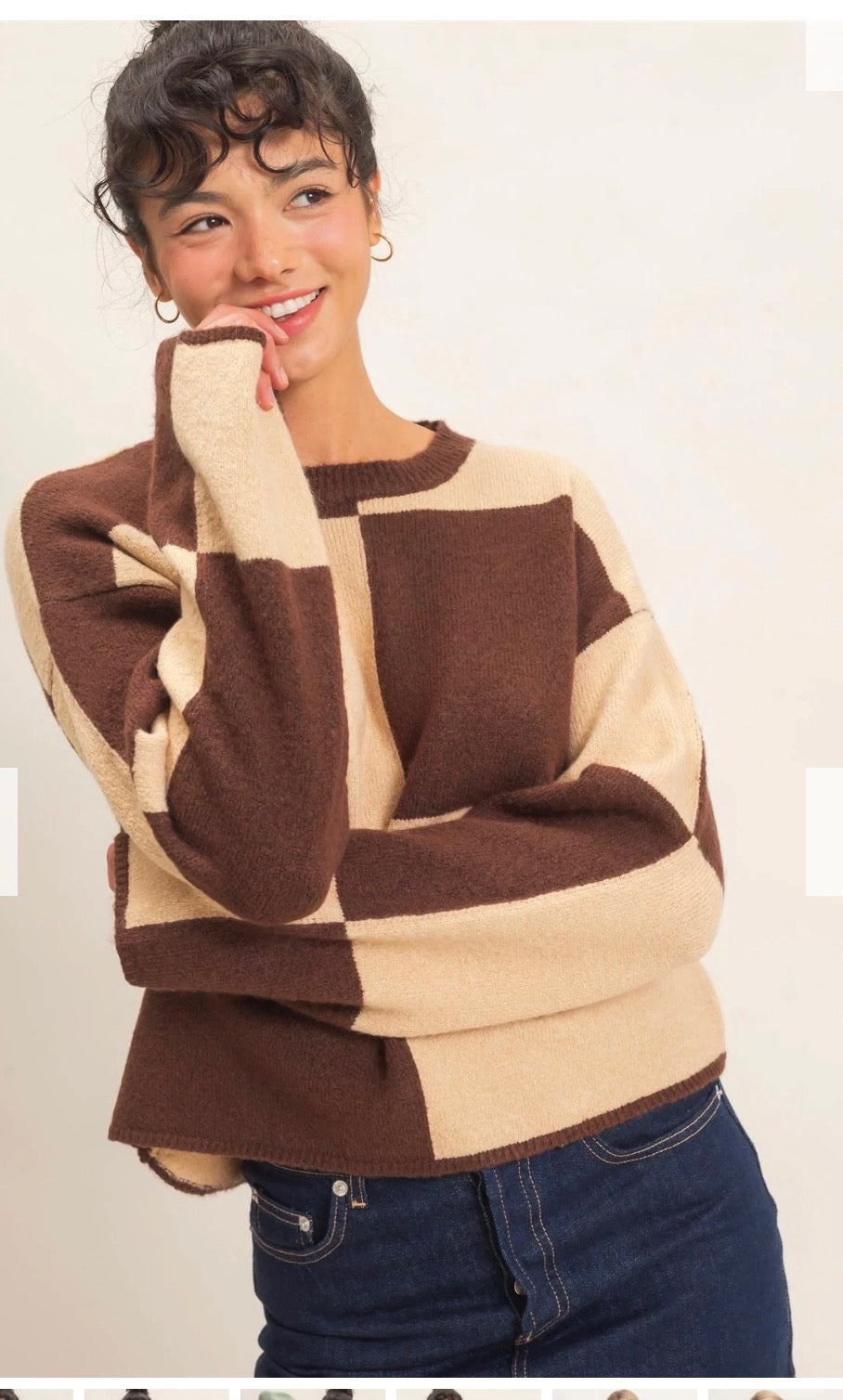 Crewneck Long Sleeve Checkered Sweater