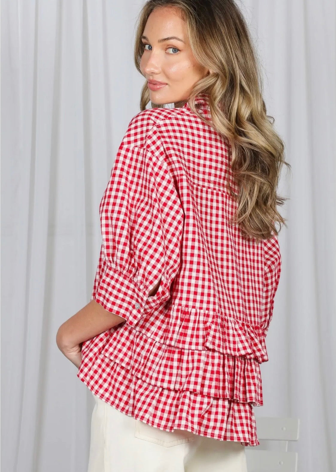 Red Gingham Ruffle Collared Blouse