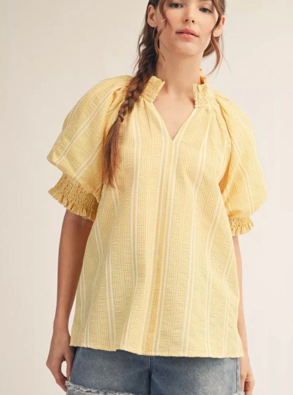 Yellow Puff Sleeve Striped Blouse
