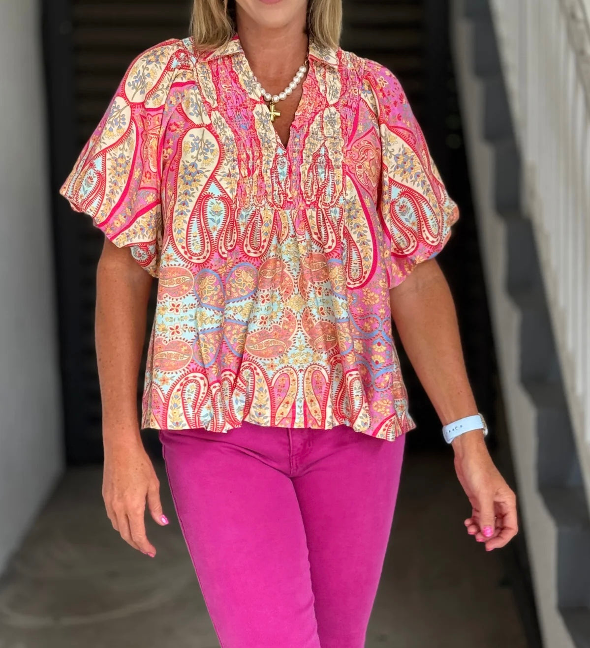 Colorful Puff Sleeve V Neck Umgee Blouse
