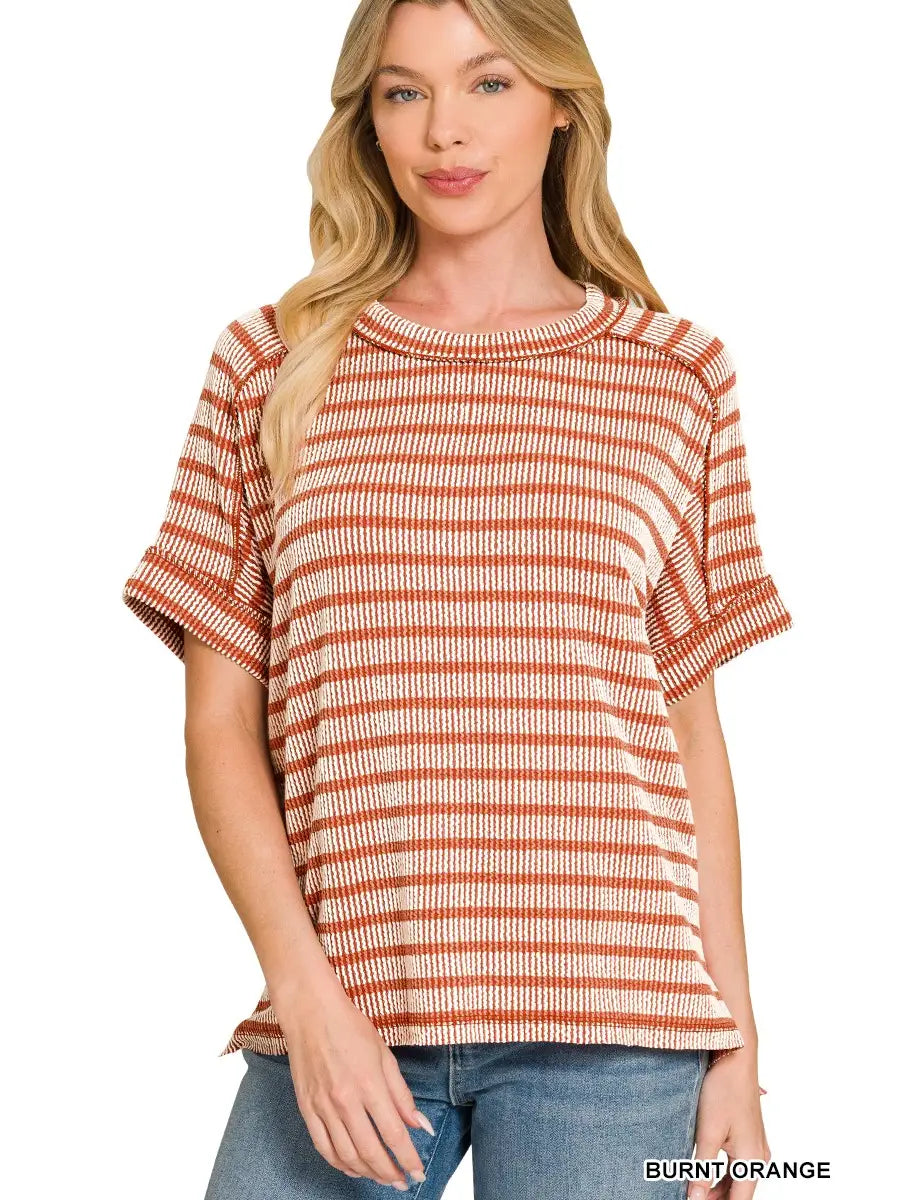 Raised Rib Striped Exposed Seam Burnt Orange Top