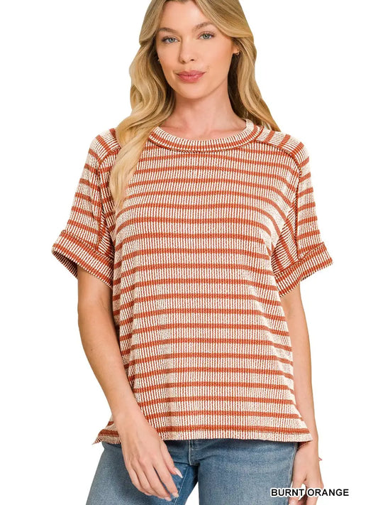 Raised Rib Striped Exposed Seam Burnt Orange Top