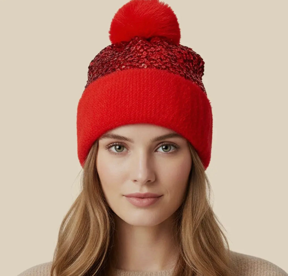 Sequin Beanie With Puff