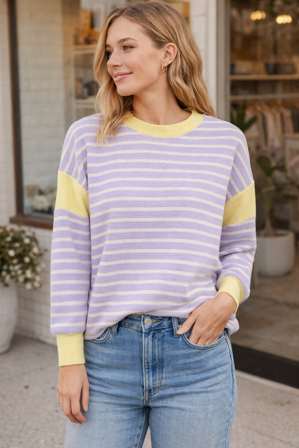 Purple Striped Long Sleeve Top With Yellow Detailing