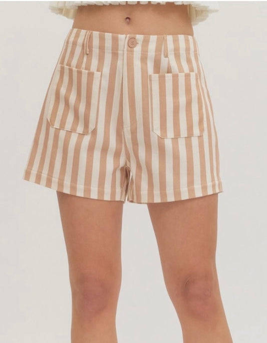 Striped High Waisted Tan And Cream Shorts