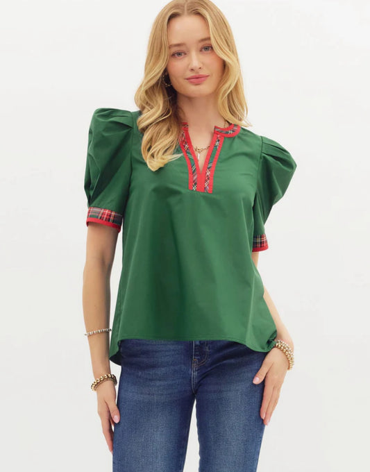 Hunter Green Puff Sleeve Top with Red Plaid Trim