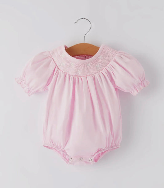 White & Pink Bow Smock Romper