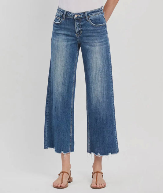 Mid Rise Raw Hem Wide Leg Jeans