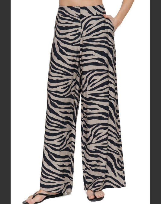 Zebra Print Black/Taupe Wide Leg Woven Pants