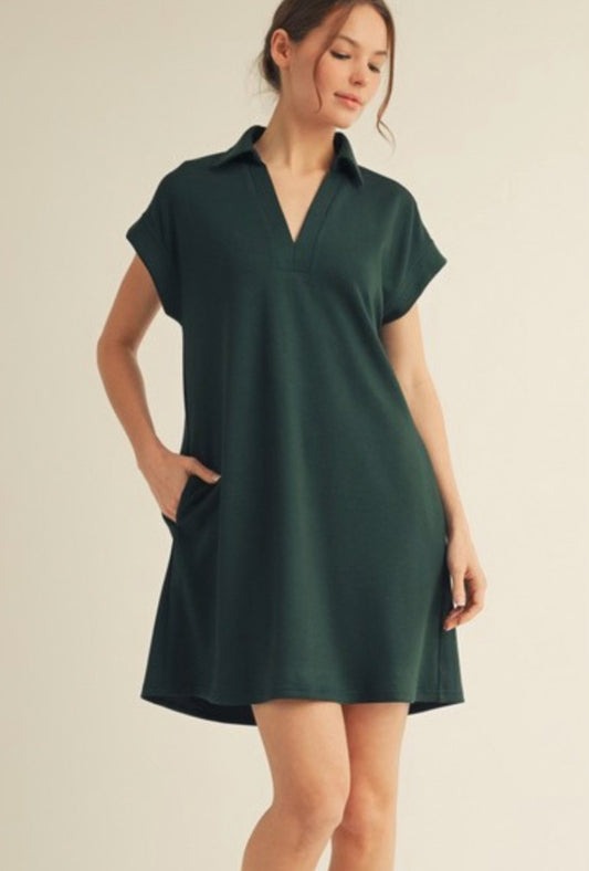 Green Solid dress with open collared neck