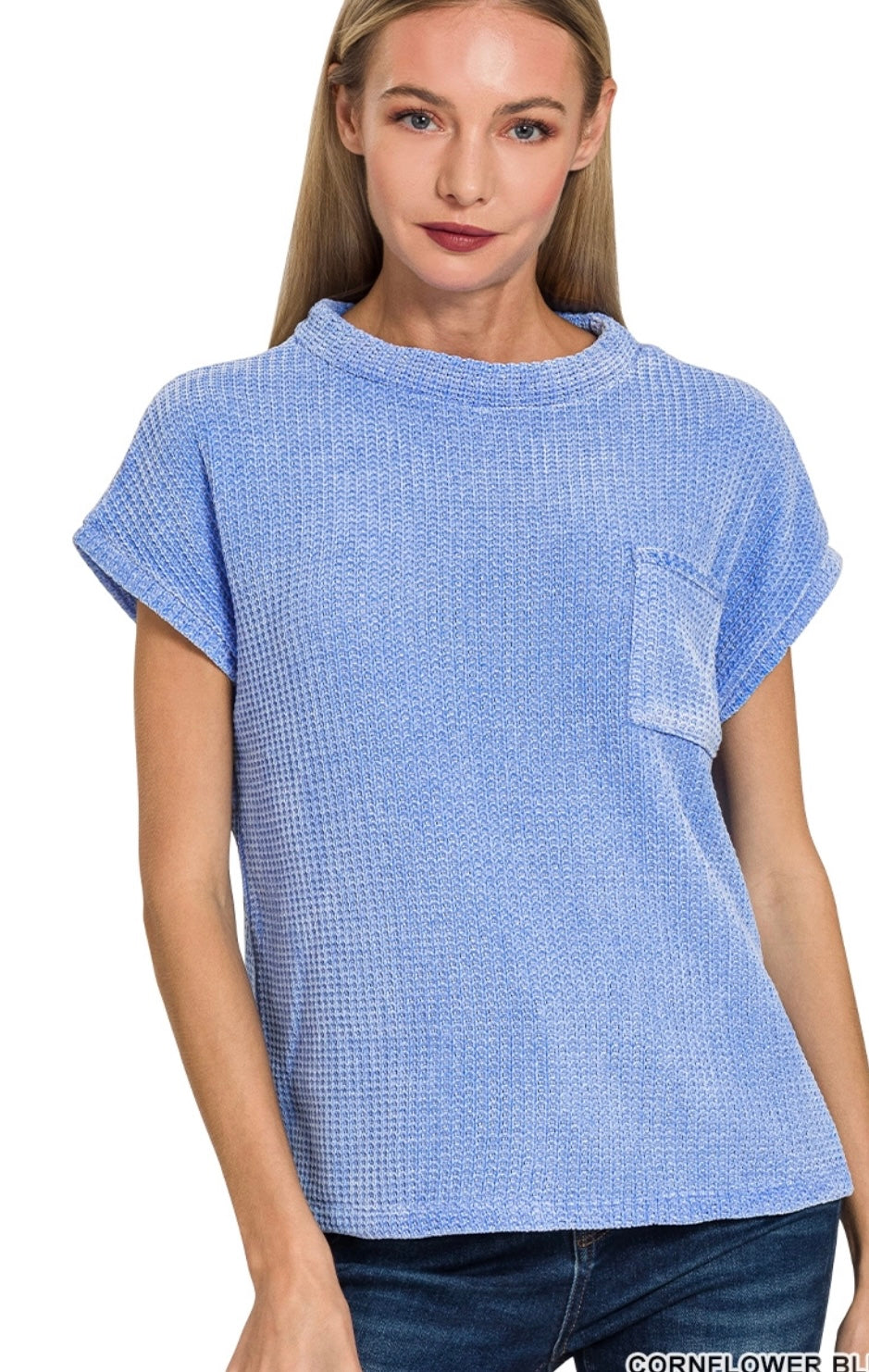 Chenille Waffle Knit Short Sleeve Sweater