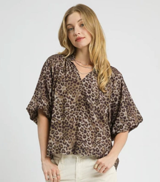 Bubble Sleeved Animal Print Blouse