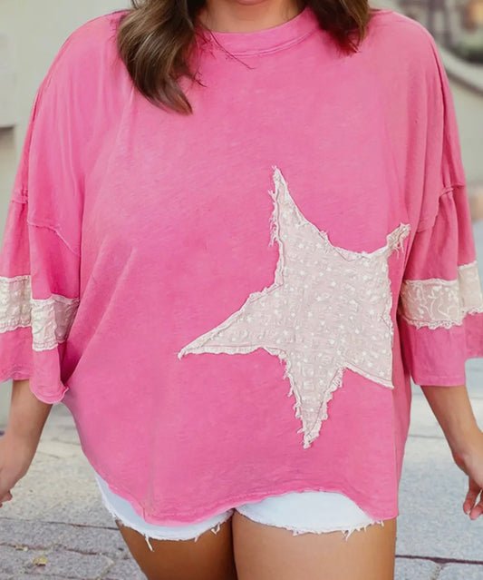Plus Size Pink Half Sleeve Star Blouse