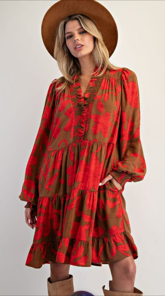 Long Sleeve Printed Rayon Gauze Tiered Dress