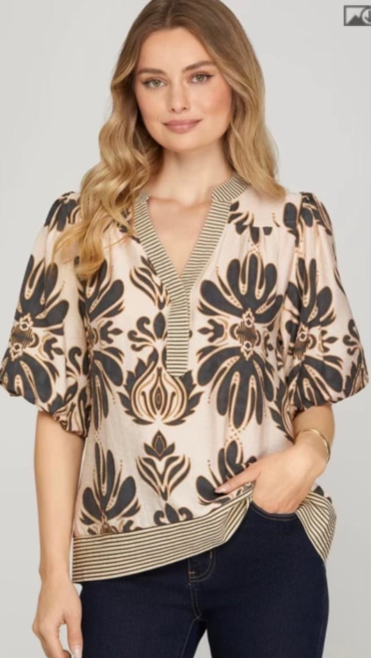 Charcoal/gold printed woven top