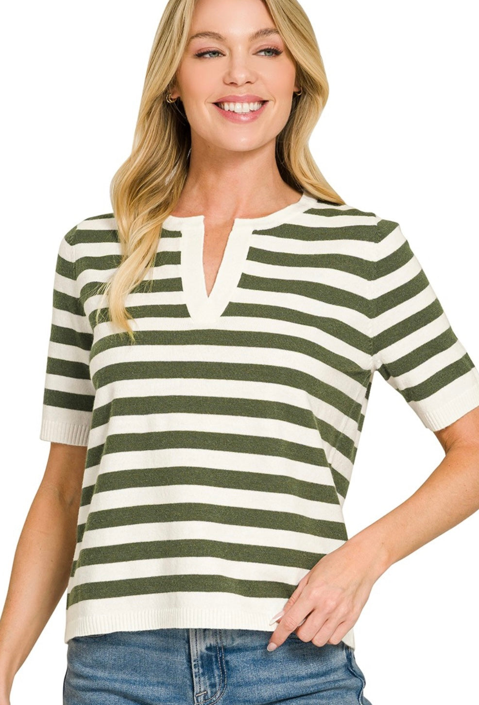Split Neck Stripe Short Sleeve Sweater