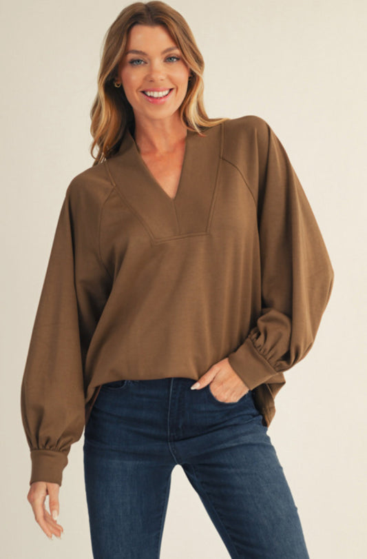 Long Raglan Sleeves V Neck Solid Top