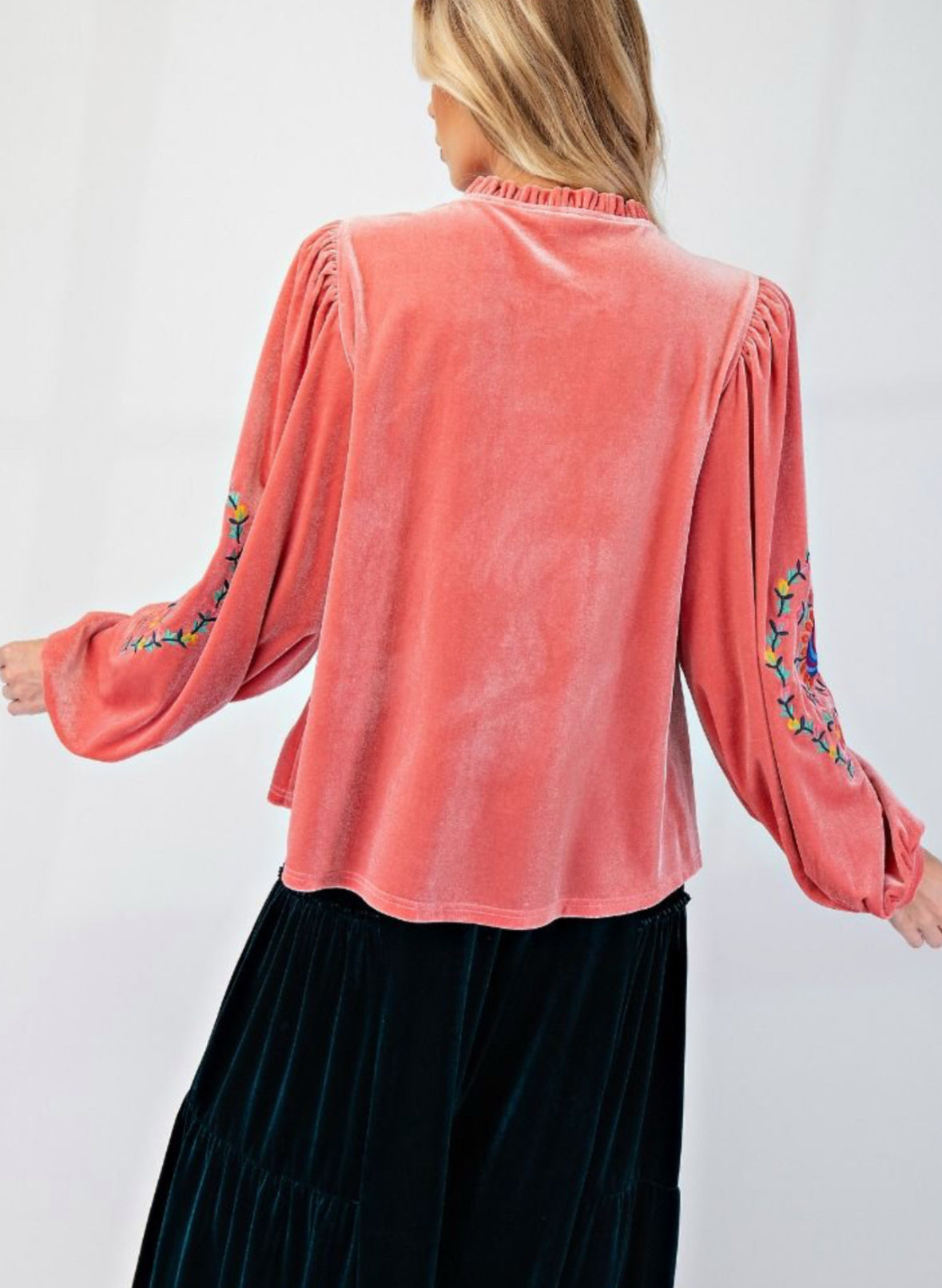 Coral Pink Long Sleeve Embroidered Velvet Blouse