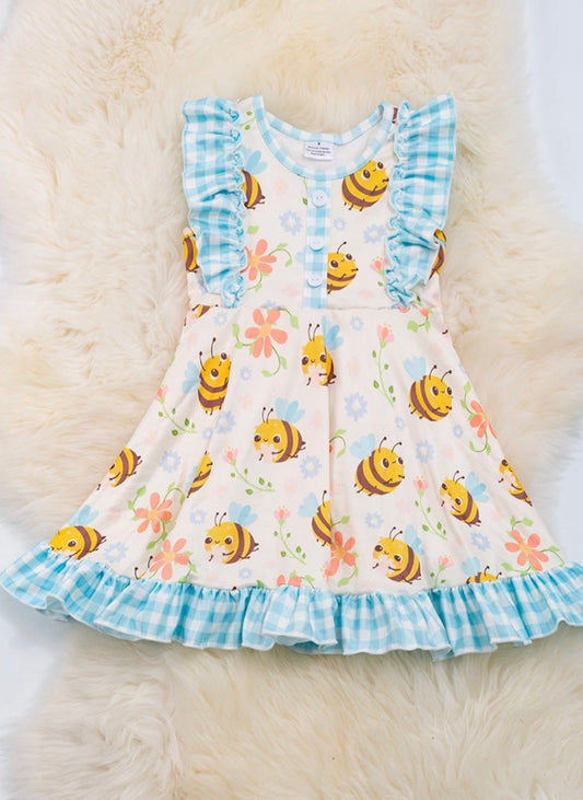 Children's Bee and Gingham Dress with Ruffle Hems