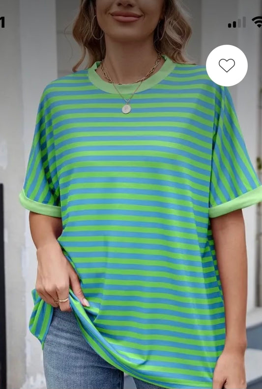 Green & baby blue stripe tee