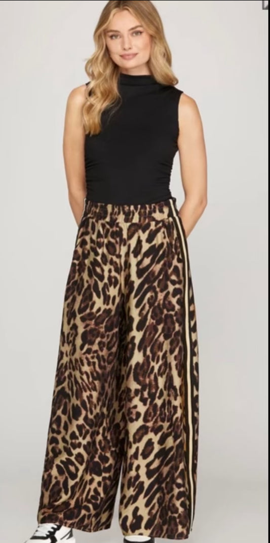 Wide leg cheetah pants with elastic waist band