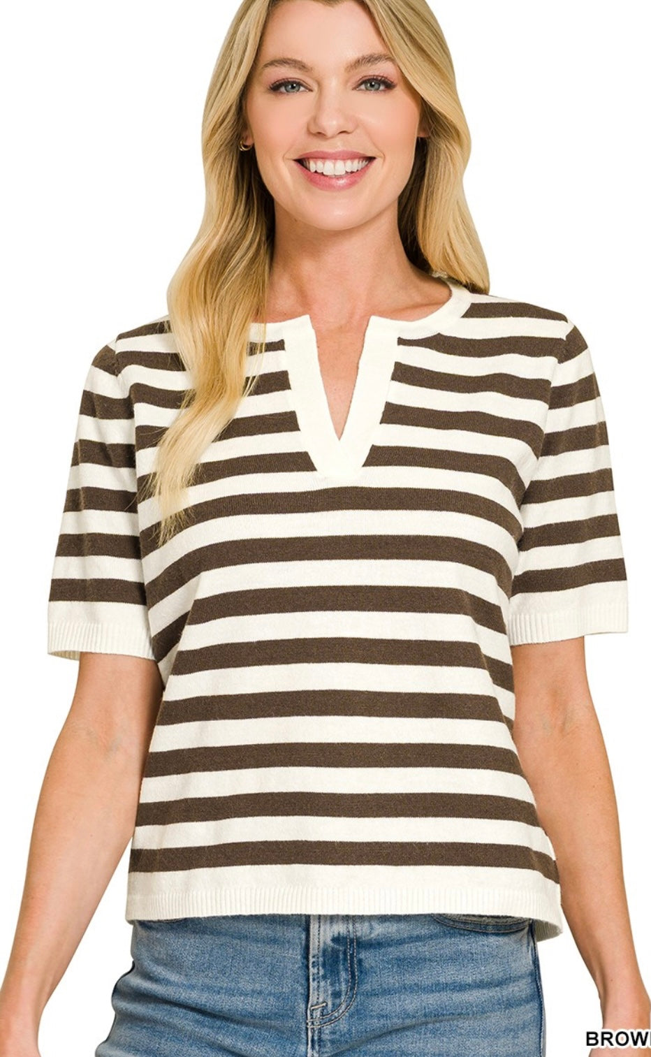 Split Neck Stripe Short Sleeve Sweater