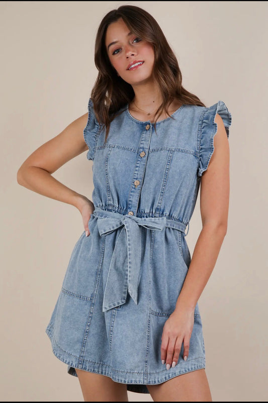 Denim ruffle sleeve dress